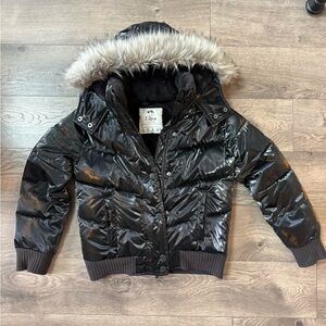 A&F Shiny Black Puffer Jacket with Faux Fur Hood | 9/10